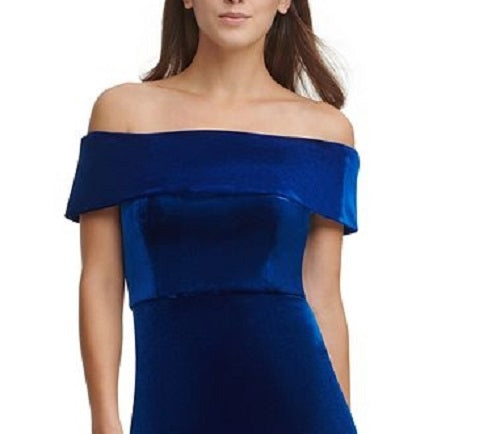 Vestido Calvin Klein Feminino de Veludo Ombro a Ombro Azul Tamanho 16