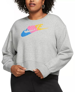 Moletom Nike Sportswear Fleece com gola redonda plus size feminino, cinza, tamanho extragrande
