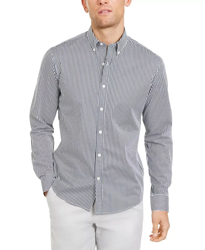 Camisa masculina Michael Kors com listras finas e botões, cinza, tamanho pequeno