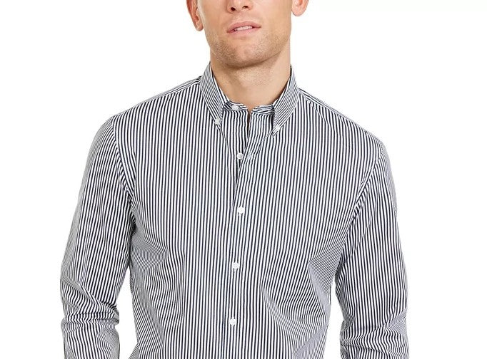 Camisa masculina Michael Kors com listras finas e botões, cinza, tamanho pequeno