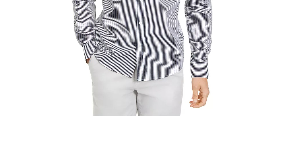 Camisa masculina Michael Kors com listras finas e botões, cinza, tamanho pequeno