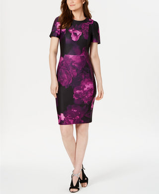 Vestido curto feminino Calvin Klein com manga bufante e estampa floral, roxo, tamanho 1