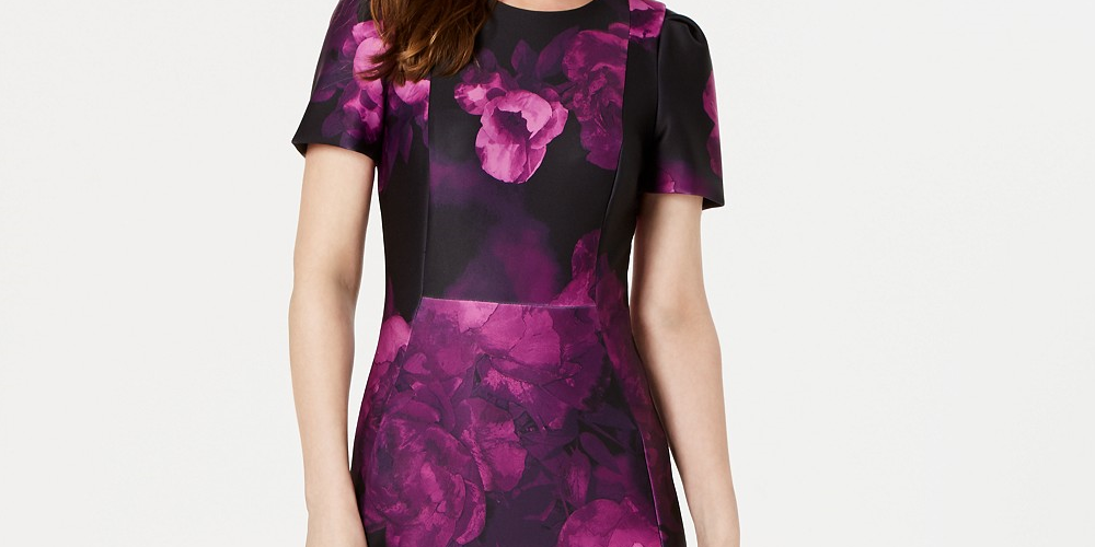 Vestido curto feminino Calvin Klein com manga bufante e estampa floral, roxo, tamanho 1
