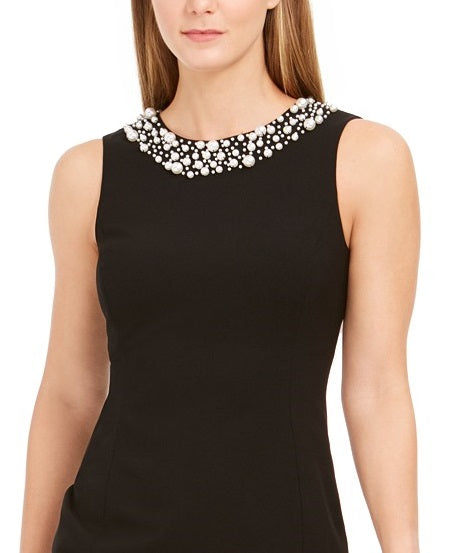 Vestido curto Calvin Klein feminino com acabamento em pérolas e detalhes em pérolas, preto, tamanho 8 P