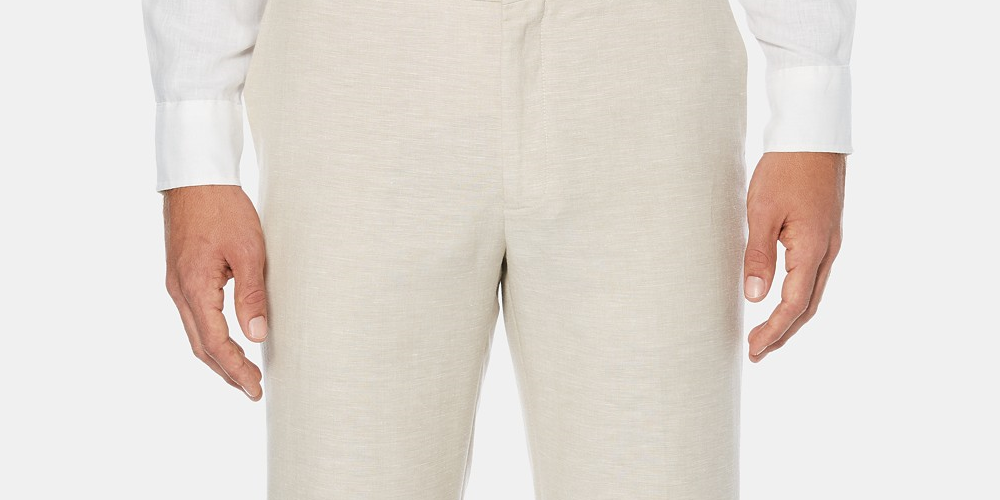 Calça de linho texturizada com frente lisa masculina Cubavera, bege escuro, tamanho 46x30