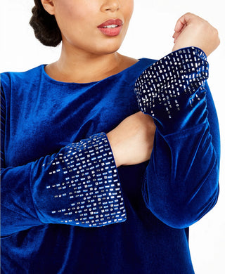 Vestido Calvin Klein Plus Size Feminino de Veludo com Manga Sino e Brilho Azul Tamanho 18W