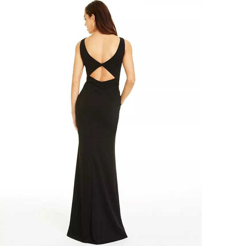 Vestido longo feminino com decote em V e recorte, preto, tamanho pequeno, da Emerald Sundae Juniors