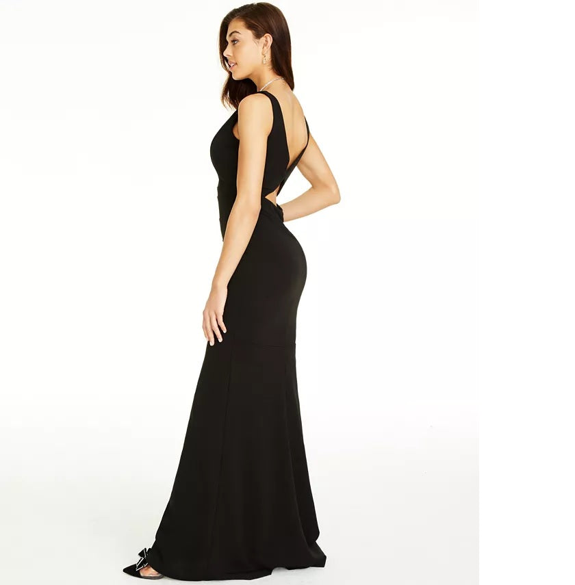Vestido longo feminino com decote em V e recorte, preto, tamanho pequeno, da Emerald Sundae Juniors