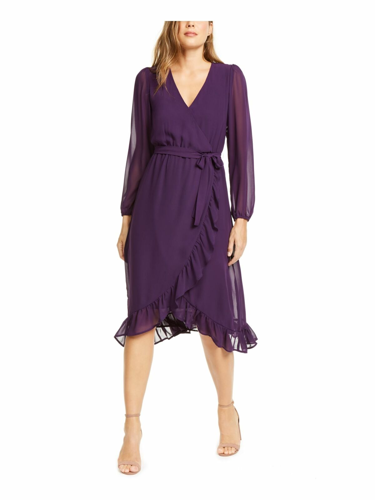 Q+A Los Angeles Vestido midi de chiffon com manga balão para mulheres, roxo, tamanho grande