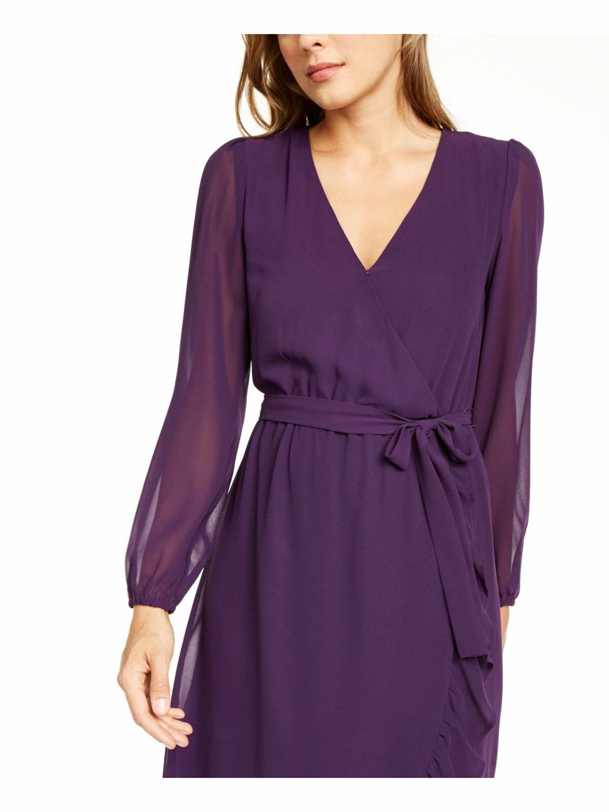 Q+A Los Angeles Vestido midi de chiffon com manga balão para mulheres, roxo, tamanho grande