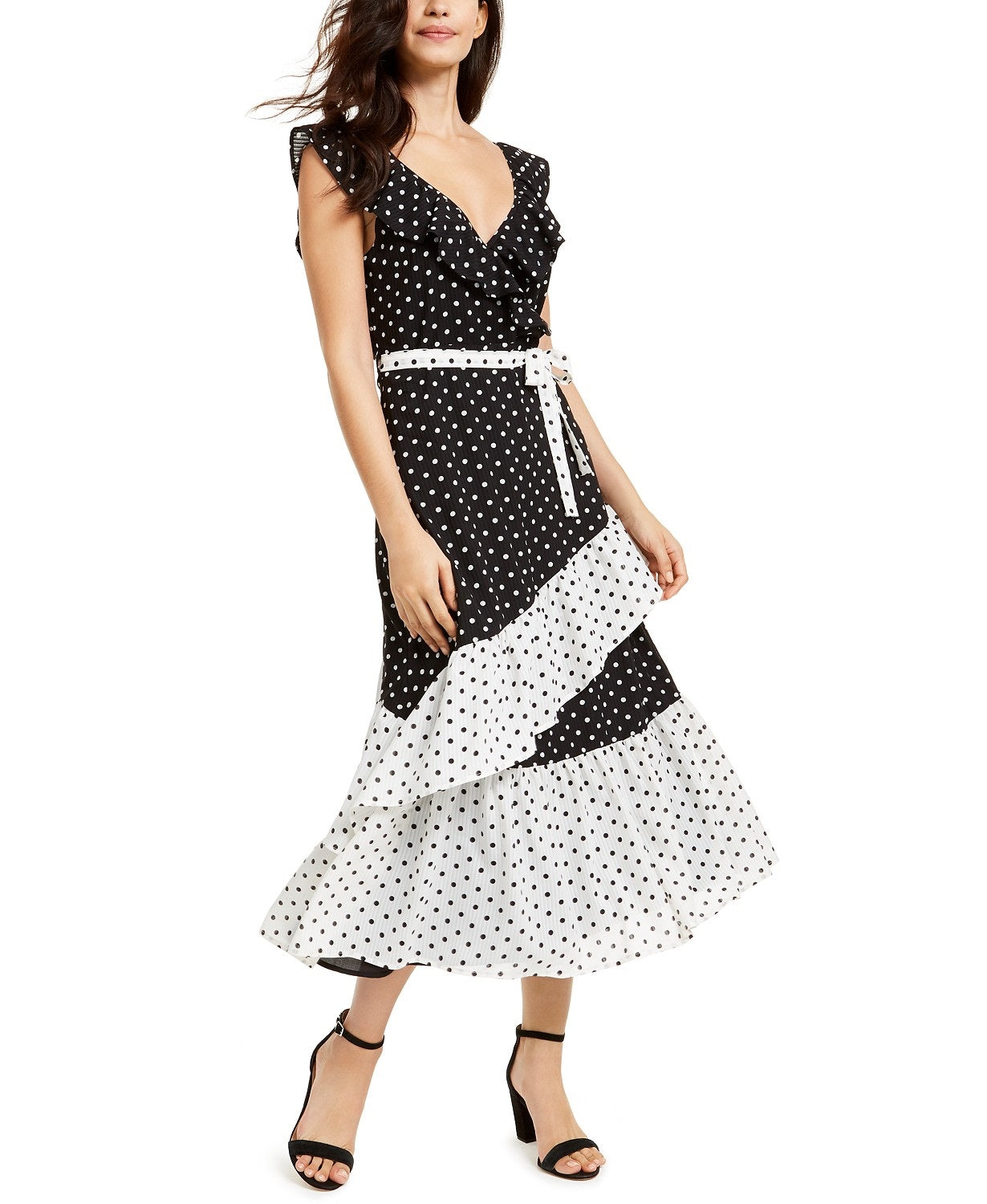Vestido longo com estampa de bolinhas e efeito envelope, preto, tamanho extrapequeno