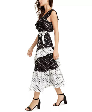 Vestido longo com estampa de bolinhas e efeito envelope, preto, tamanho extrapequeno