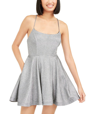 Speechless Juniors' Shimmer Lace-Back Dress Silver Size 1