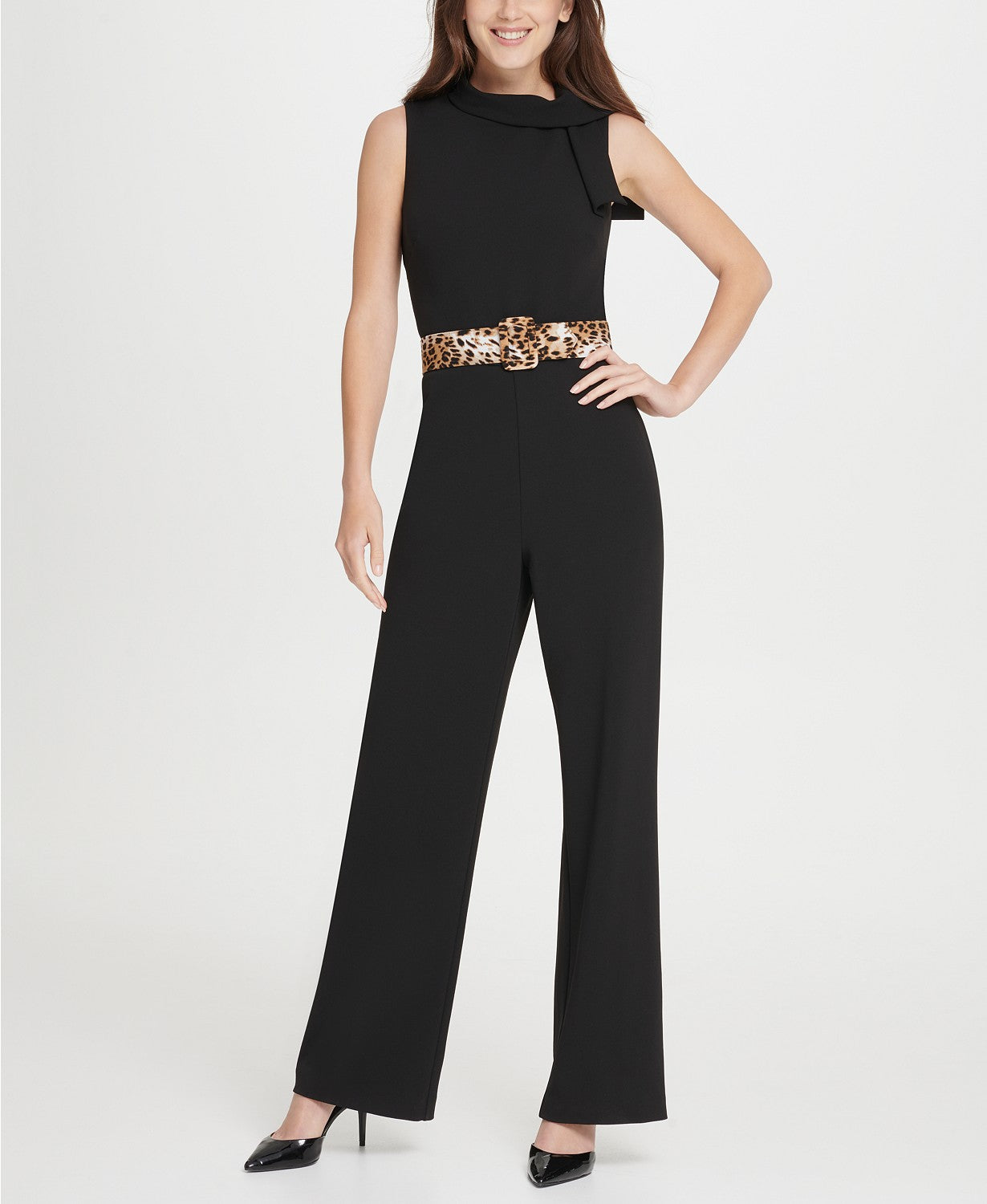 Macacão feminino DKNY com decote em V e cinto de leopardo, preto, tamanho 14