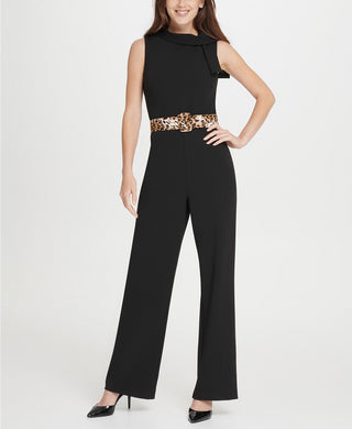 DKNY  Women's  Tie Neck Leopard Belt Jumpsuit Black Size 14