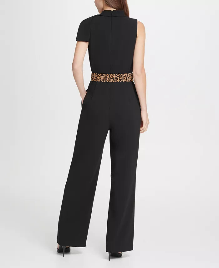 Macacão feminino DKNY com decote em V e cinto de leopardo, preto, tamanho 14