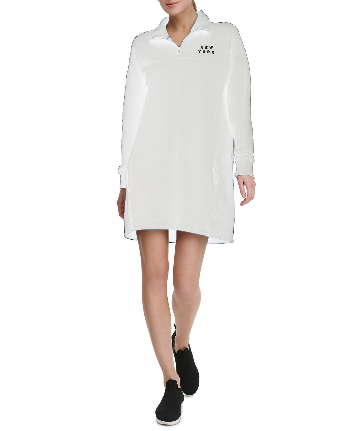 Vestido esportivo feminino DKNY com zíper e logo, branco, tamanho grande