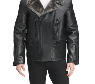 Jaqueta de couro sintético assimétrica com forro de sherpa masculina DKNY, preta, tamanho pequeno
