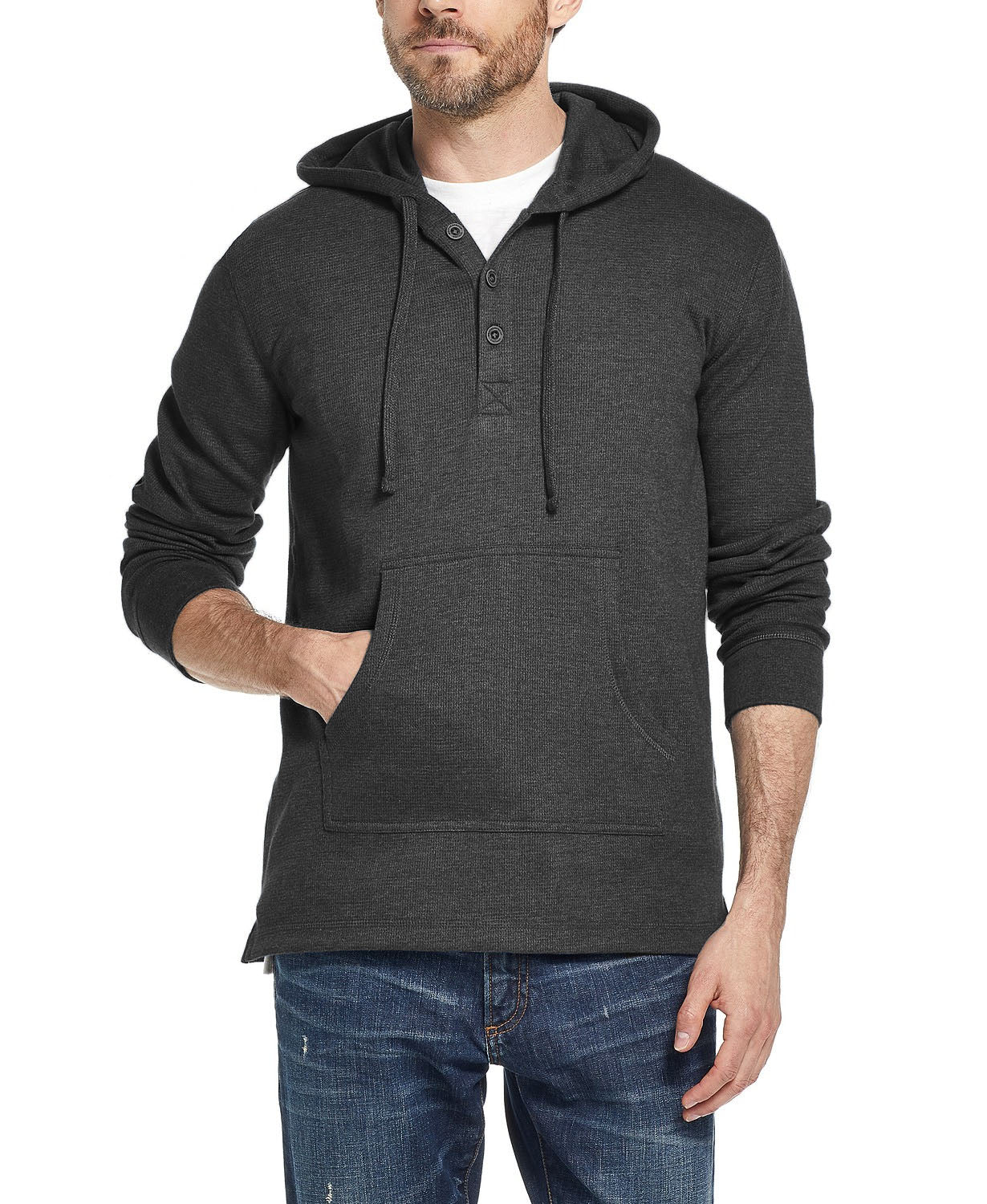 Moletom com capuz Henley texturizado vintage masculino à prova de intempéries, preto, tamanho pequeno