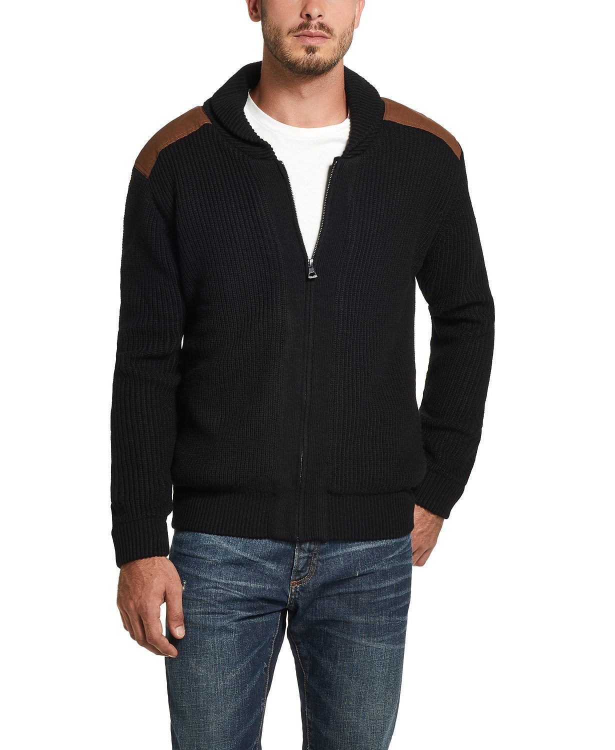 Swacket masculino vintage à prova de intempéries com zíper completo e remendos de camurça, preto, tamanho 3 extra grande