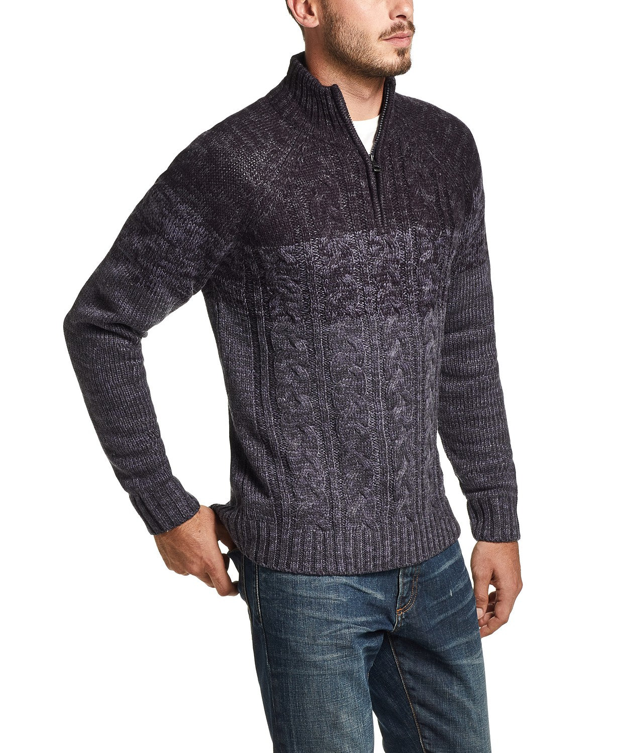 Suéter masculino vintage ombré com zíper de um quarto, à prova de intempéries, tamanho médio, azul-marinho