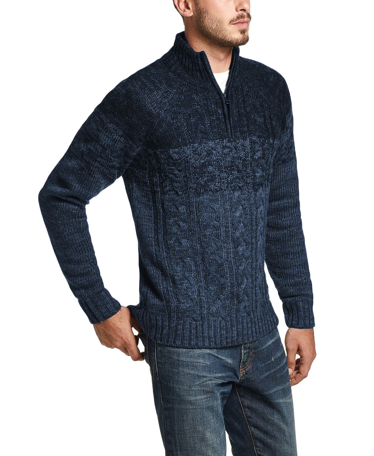 Suéter masculino vintage à prova de intempéries com zíper de um quarto, azul marinho, tamanho XXX-G