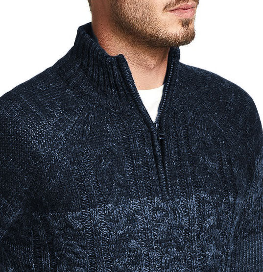 Suéter masculino vintage à prova de intempéries com zíper de um quarto, azul marinho, tamanho XXX-G