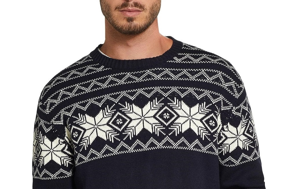 Suéter masculino vintage à prova de intempéries com estampa de floco de neve, azul marinho, tamanho XXX grande