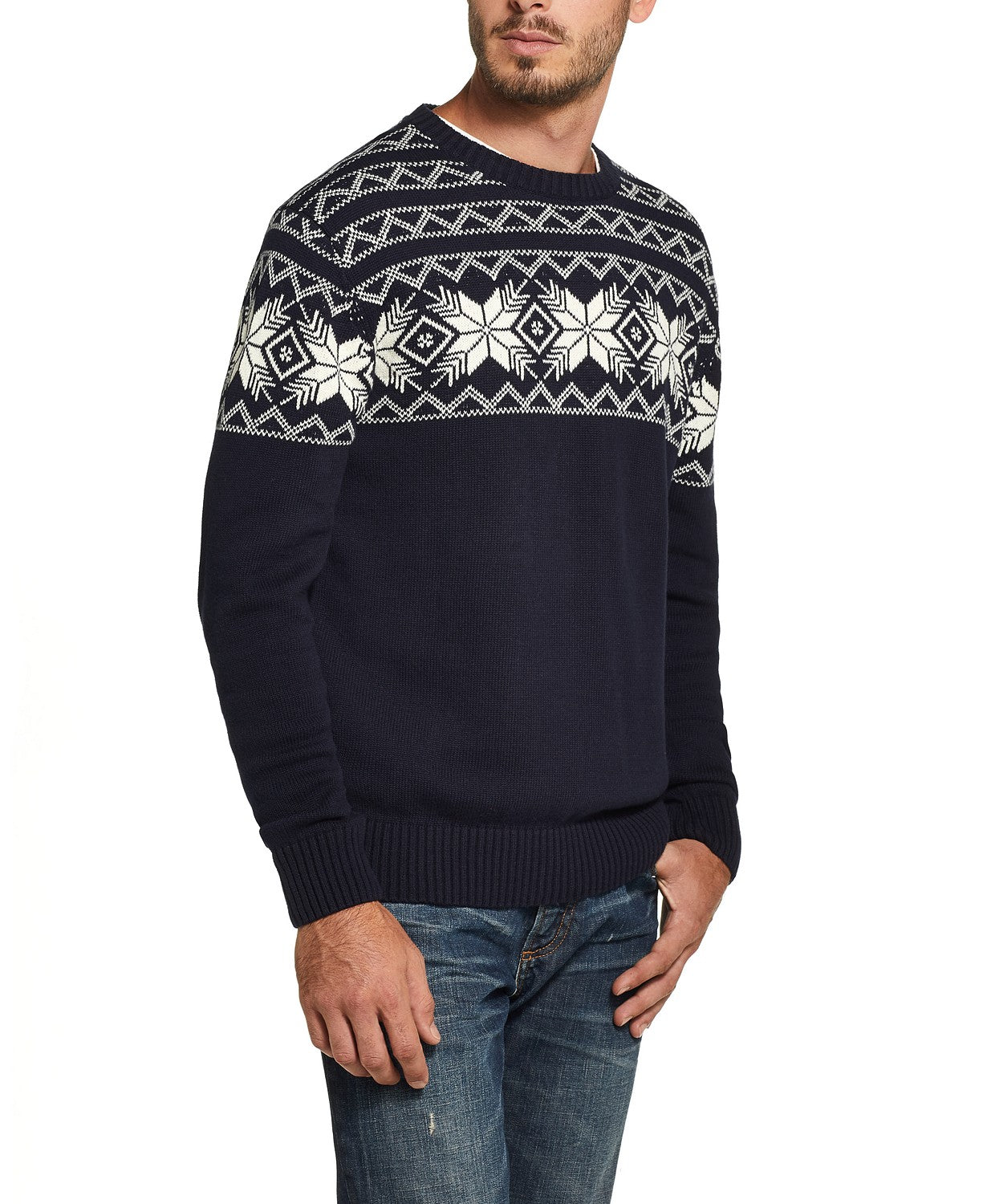 Suéter masculino impermeável com estampa de floco de neve, tamanho médio, azul marinho