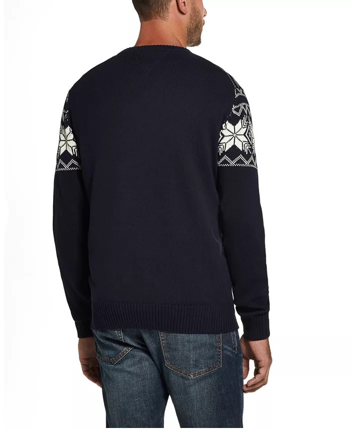 Suéter masculino vintage à prova de intempéries com estampa de floco de neve, tamanho azul marinho, extra grande