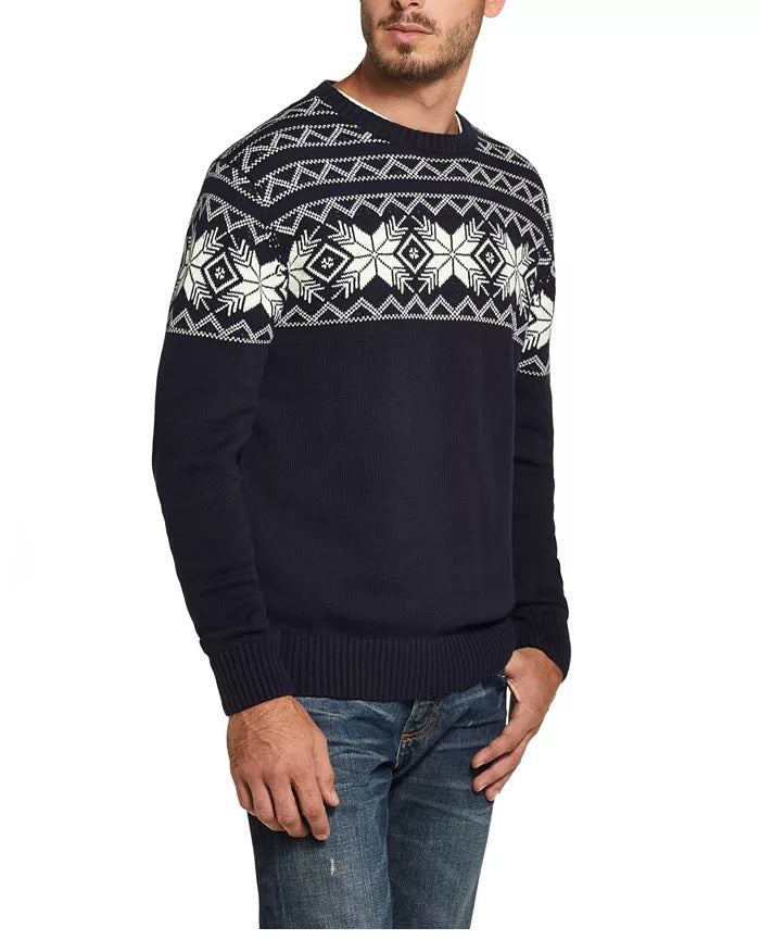 Suéter masculino vintage à prova de intempéries com estampa de floco de neve, tamanho azul marinho, extra grande