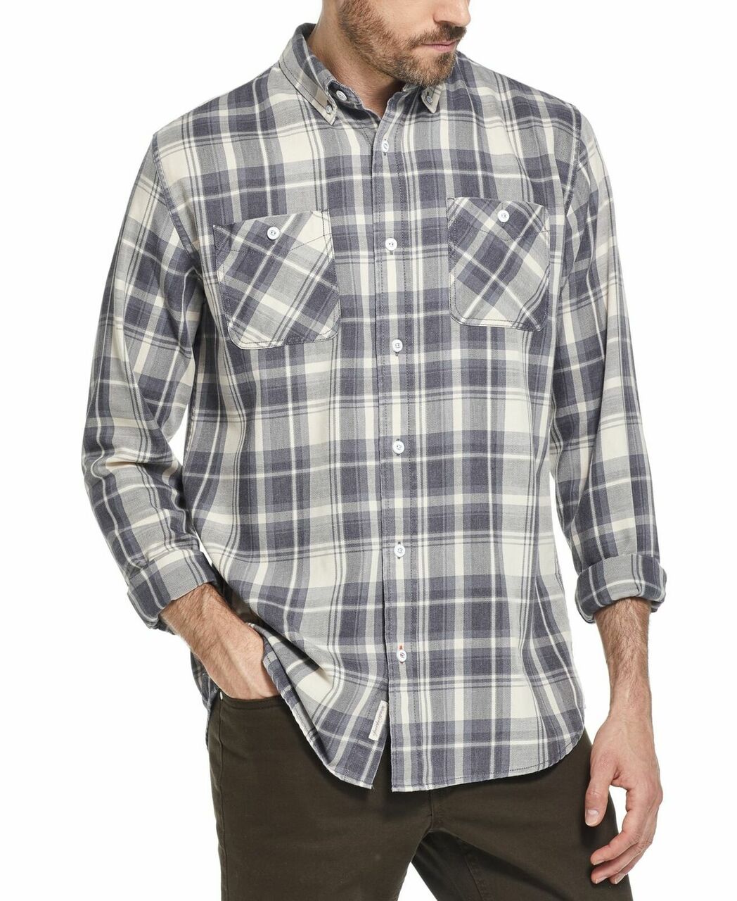 Camisa xadrez masculina vintage índigo azul à prova de intempéries, cinza, tamanho médio