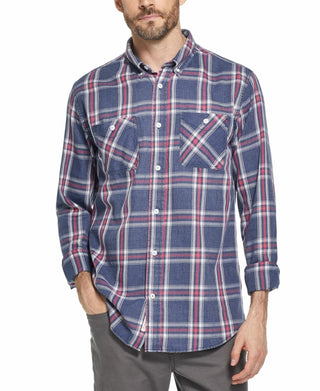 Camisa masculina vintage à prova de intempéries com botões frontais de flanela xadrez azul-marinho tamanho médio