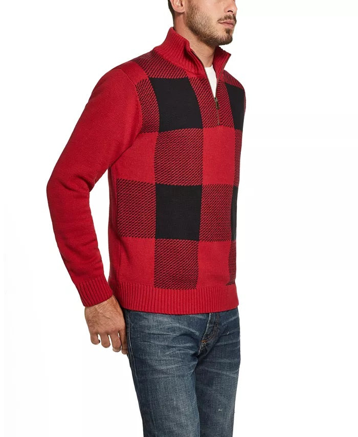 Suéter masculino xadrez Buffalo com zíper de um quarto, vintage e à prova de intempéries, vermelho, tamanho grande