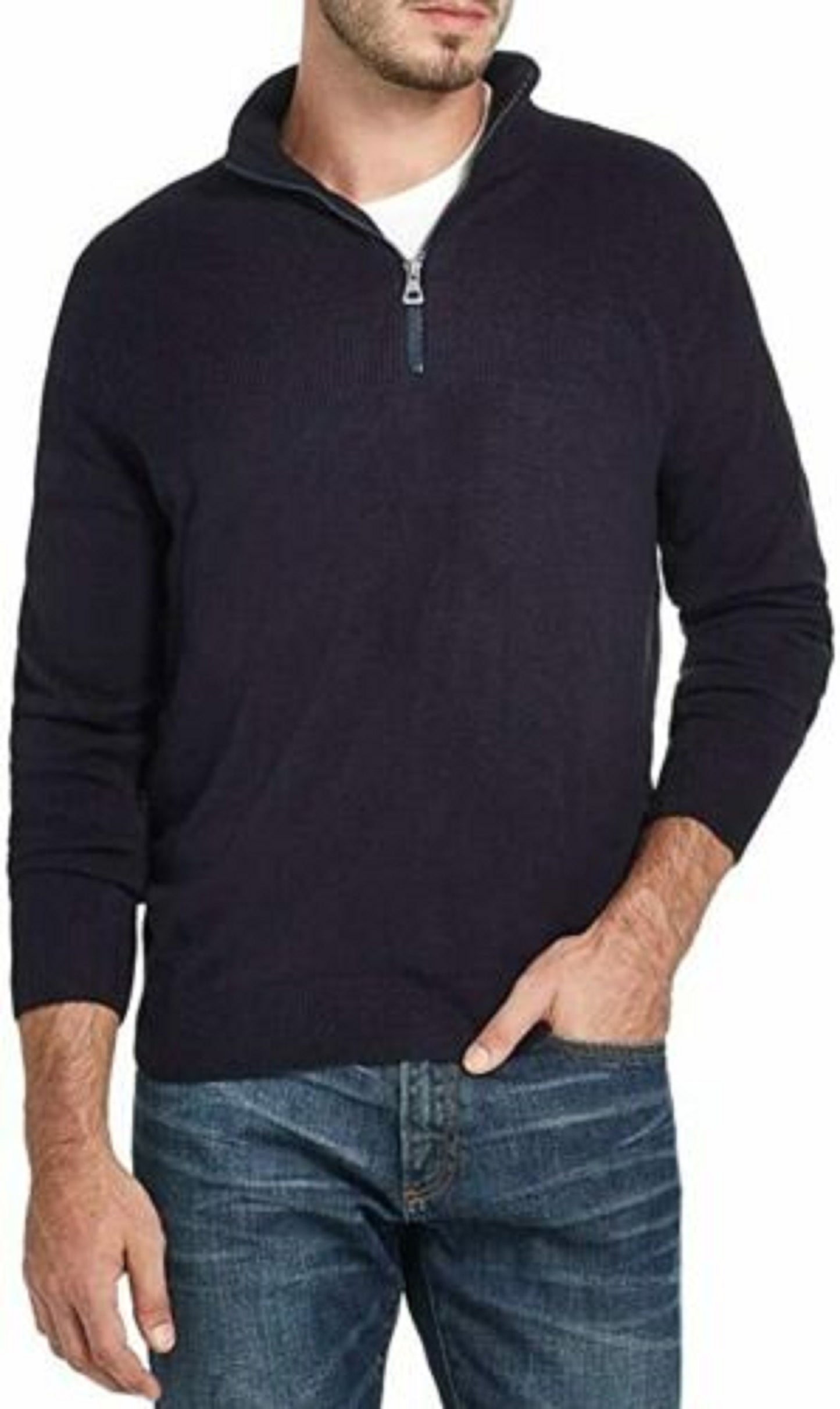 Suéter masculino vintage à prova de intempéries com zíper de um quarto e toque suave, azul-marinho, tamanho grande