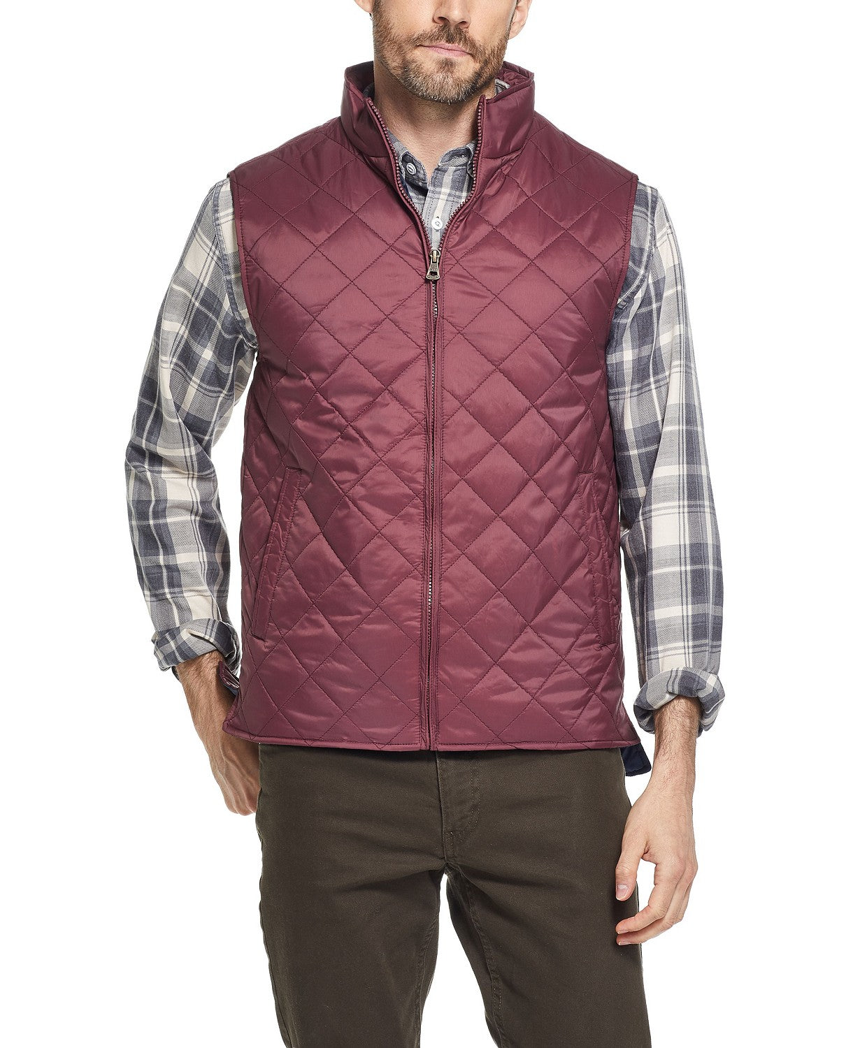 Colete acolchoado masculino à prova de intempéries com estampa de diamante, tamanho 3, vinho, extra grande