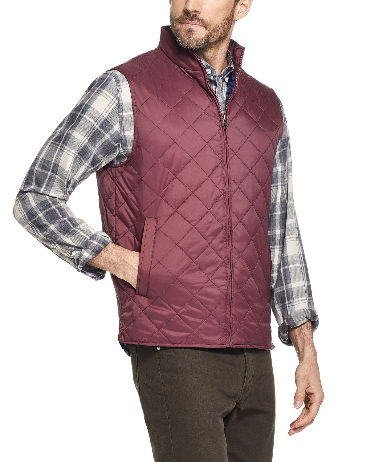 Colete acolchoado masculino à prova de intempéries com estampa de diamante, tamanho 3, vinho, extra grande