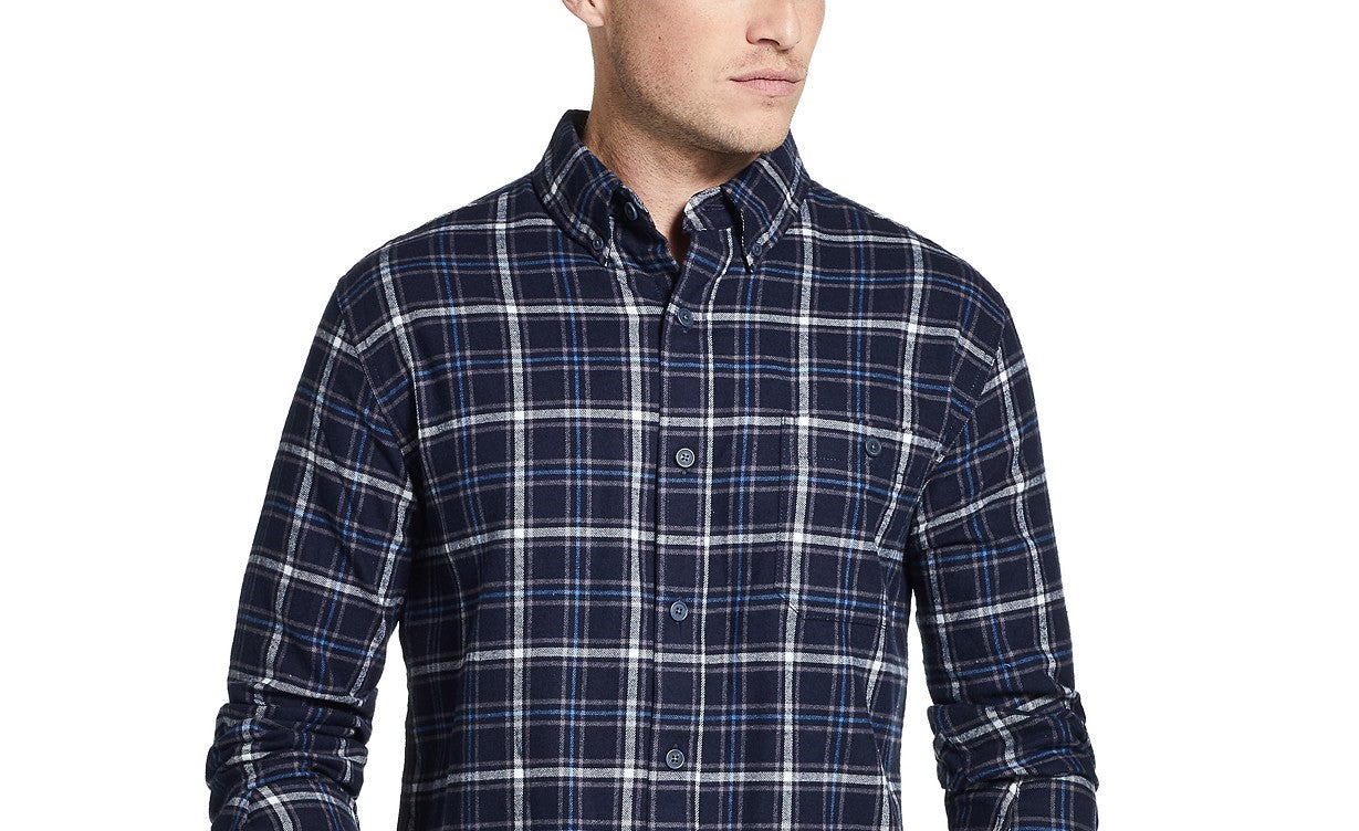 Camisa de flanela escovada vintage masculina à prova de intempéries, azul, tamanho pequeno