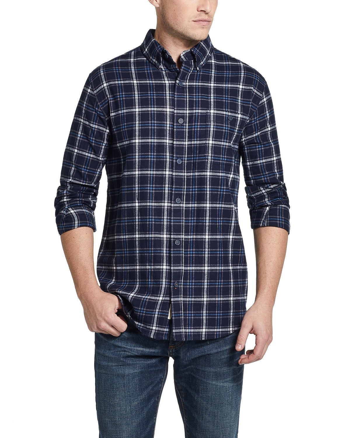 Camisa de flanela escovada vintage masculina à prova de intempéries, tamanho pequeno, azul marinho