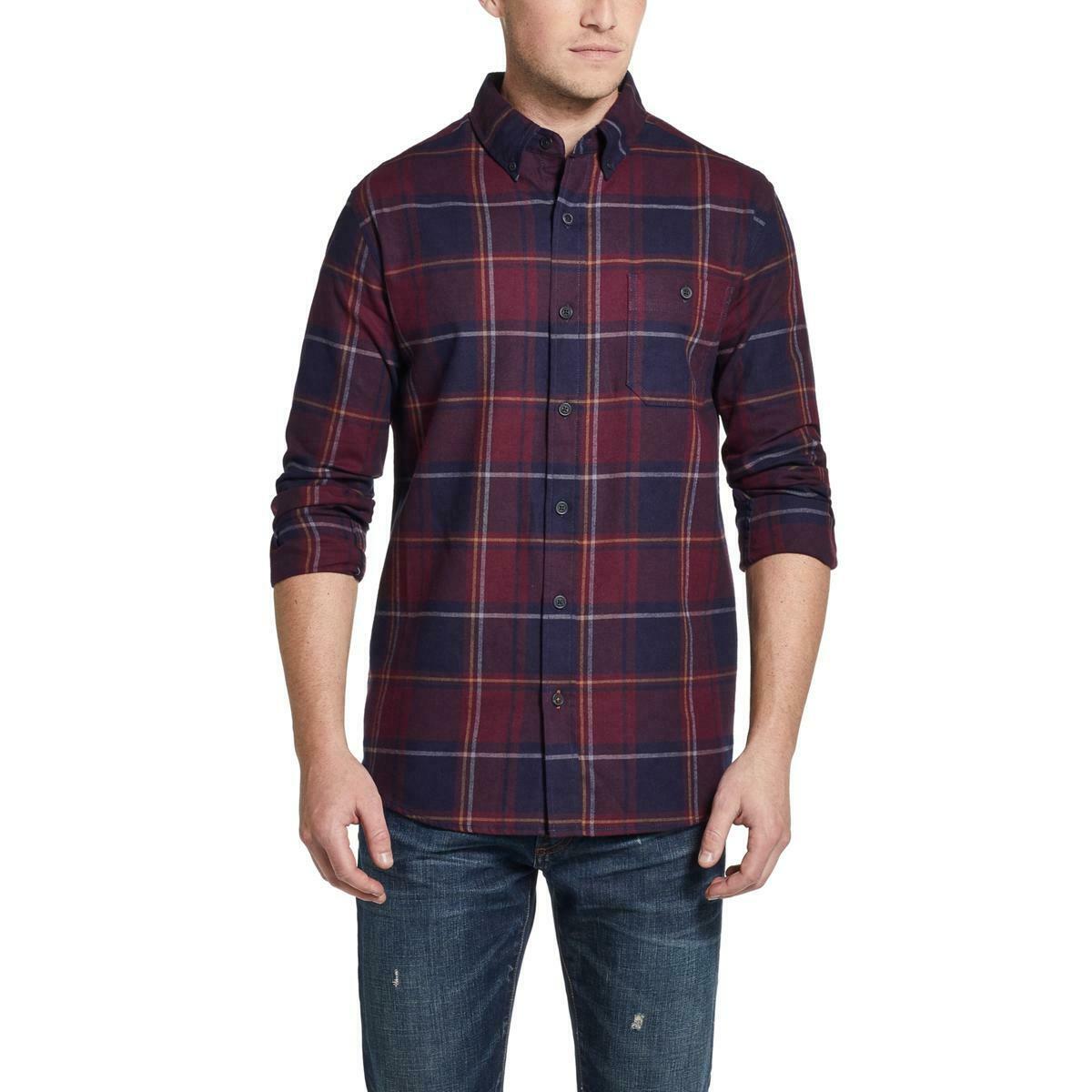 Camisa xadrez masculina de flanela antiga escovada à prova de intempéries, tamanho 2 extra grande, cor sangue de boi