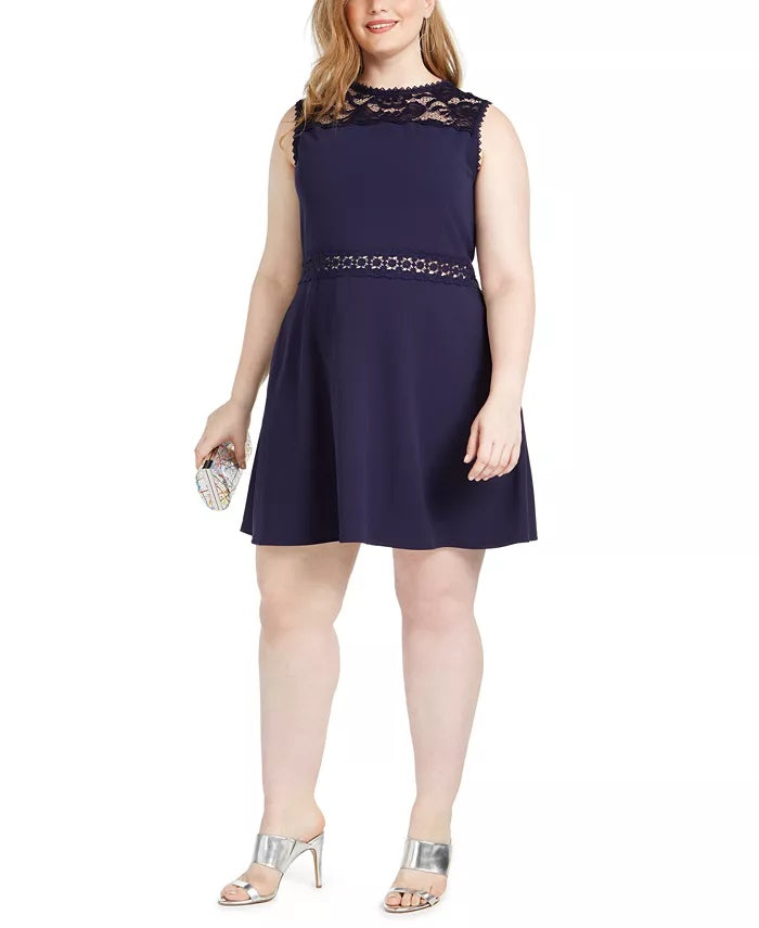 Vestido plus size da Speechless feminino, linha A, com acabamento em renda, azul escuro, tamanho 20