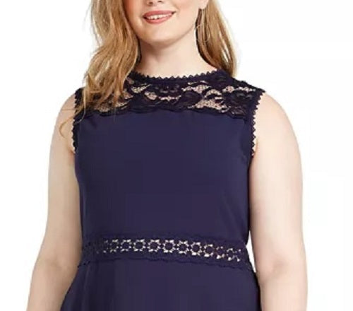 Vestido plus size da Speechless feminino, linha A, com acabamento em renda, azul escuro, tamanho 20