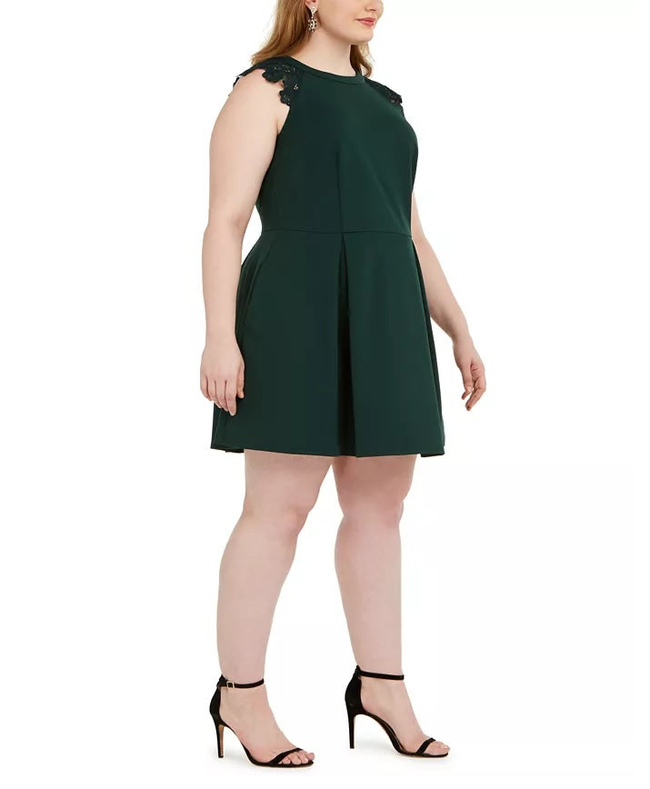 Vestido plus size com acabamento em renda e ajuste evasê feminino sem palavras, verde, tamanho XX-G