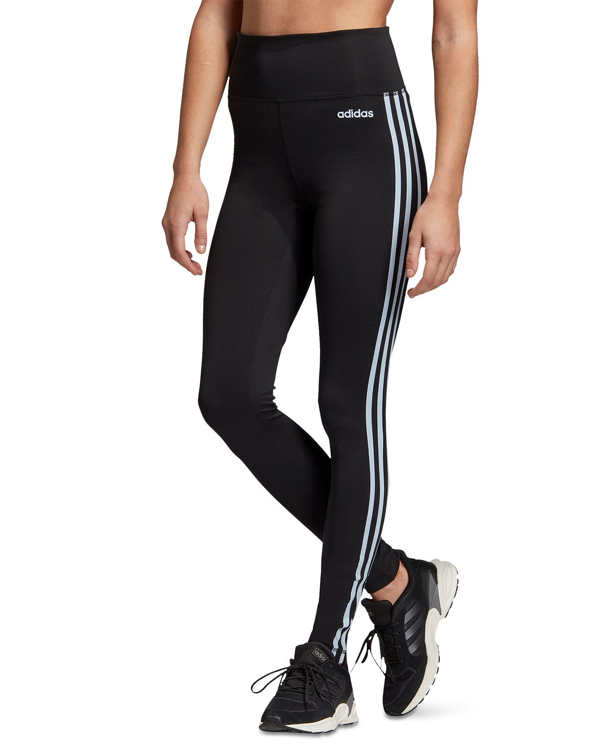 Calça legging feminina Adidas Design 2 Move 3 listras de cintura alta, preta, tamanho extra pequeno