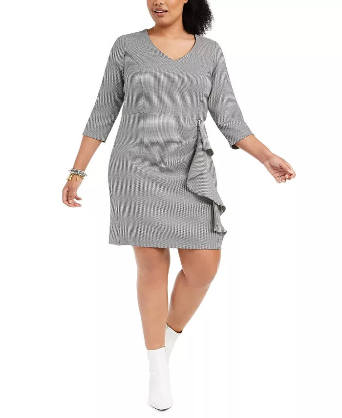 Vestido tubinho pied-de-poule com babados tamanho grande Betsey Johnson feminino, cinza, tamanho 16W