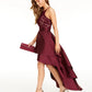 Vestido curto com decote halter alto e baixo e acabamento em renda para jovens, cor esmeralda, roxo, tamanho 1