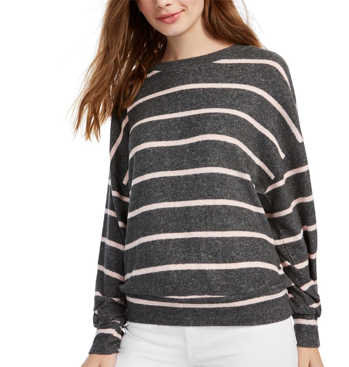 Gypsies &amp; Moondust Juniors' Blusa listrada aconchegante com manga dolman cinza tamanho grande