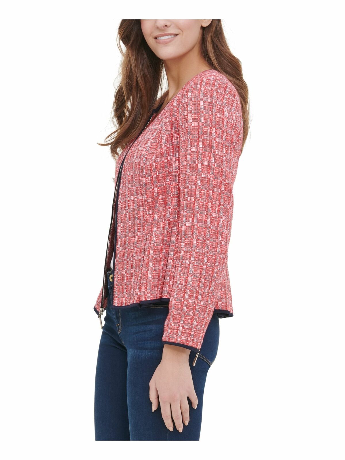 Jaqueta de tweed feminina Tommy Hilfiger com bainha peplum, vermelha, tamanho 2