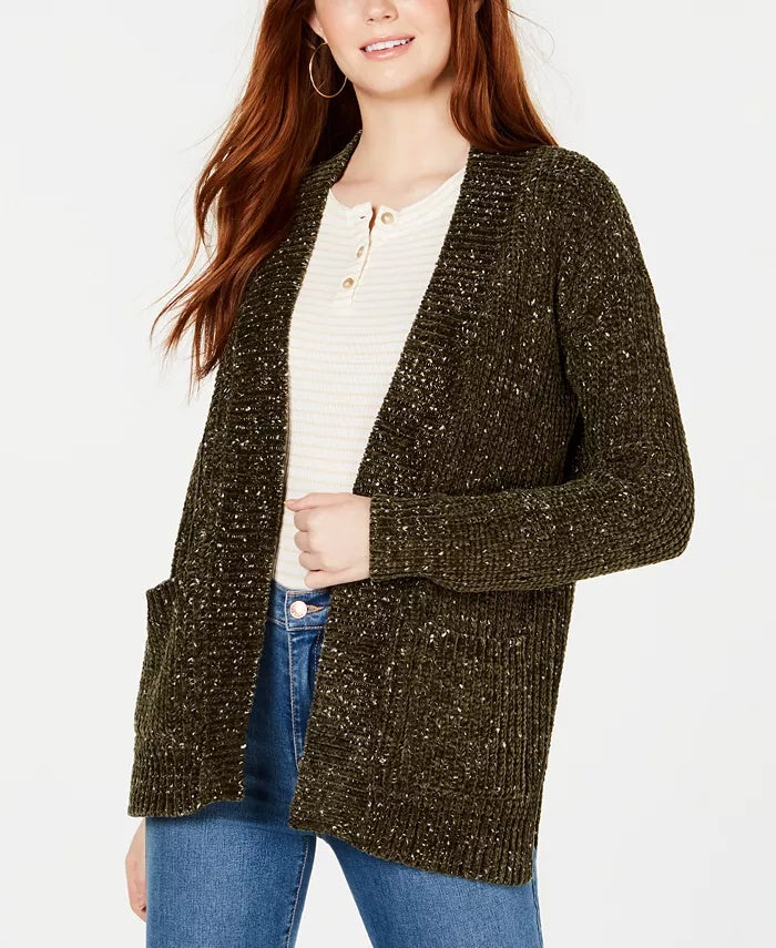 Cardigan Hippie Rose Juniors mesclado em malha shaker chenille verde escuro tamanho pequeno