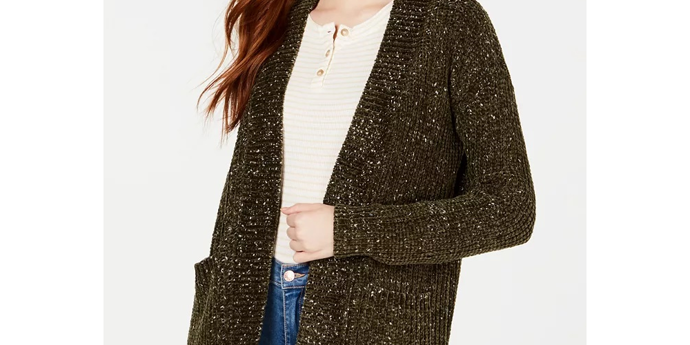 Cardigan Hippie Rose Juniors mesclado em malha shaker chenille verde escuro tamanho pequeno